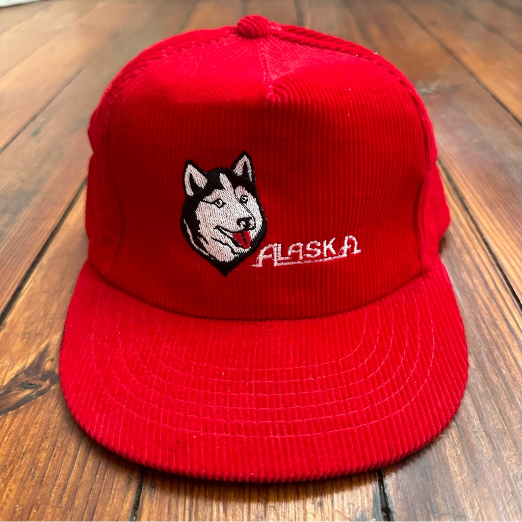 Vtg 80s Yupoong Alaska Red Corduroy Alaskan Malamute Dog Trucker Snapback Hat